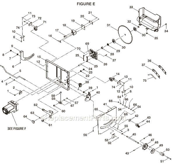 Page E Diagram and Parts List for BTS20R  Ryobi Table Saw
