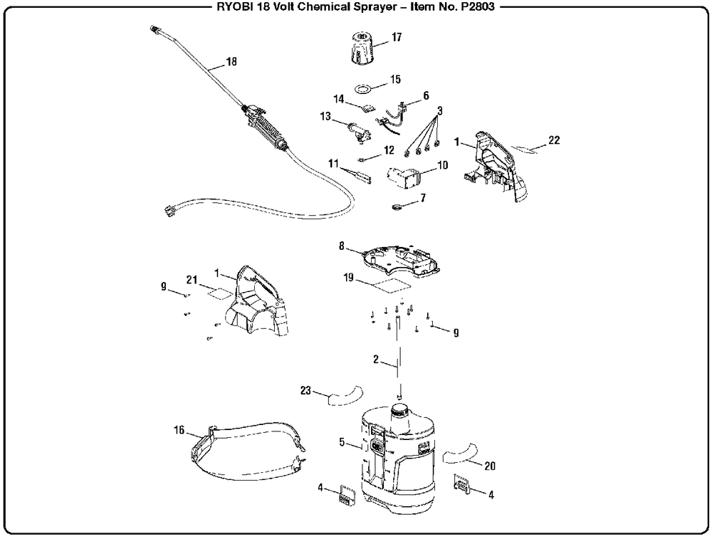 General Assembly Diagram and Parts List for P 2803 (Rev 02)(107270002)(2018-03) Ryobi Sprayer