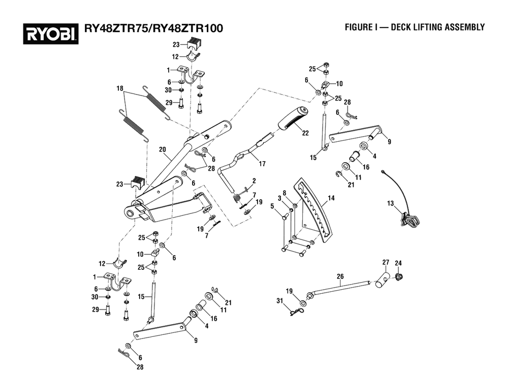 Figure I - Deck Lifting Assembly Diagram and Parts List for RY 48ZTR75 (Rev 03)(099749015)(2021-04) Ryobi Lawn Tractor