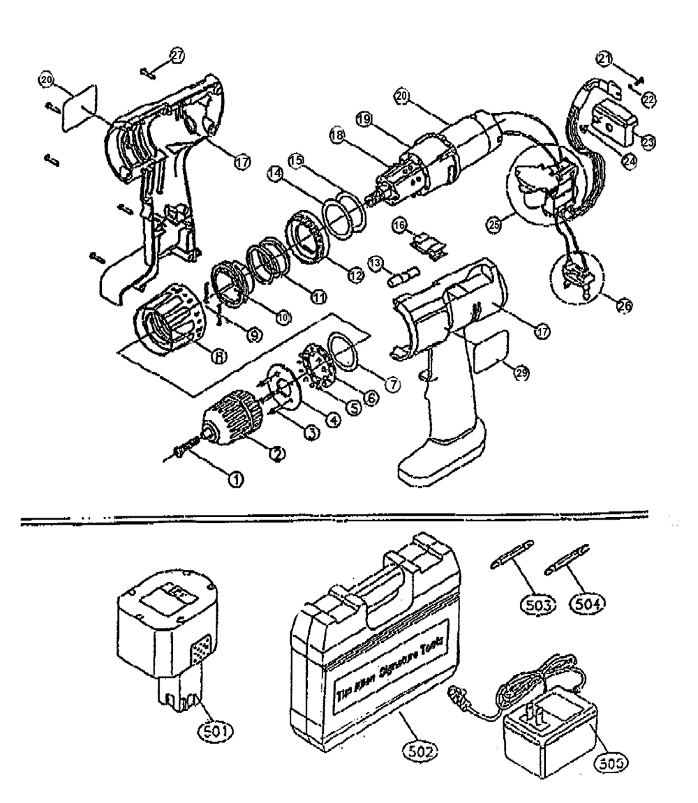 Fig-0 Diagram and Parts List for 20010  Ryobi Cordless Drill