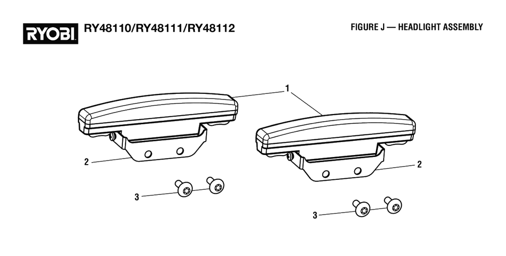 Figure J - Headlight Assembly Diagram and Parts List for RY 48111 (Rev 02)(099749010)(2021-05) Ryobi Lawn Tractor