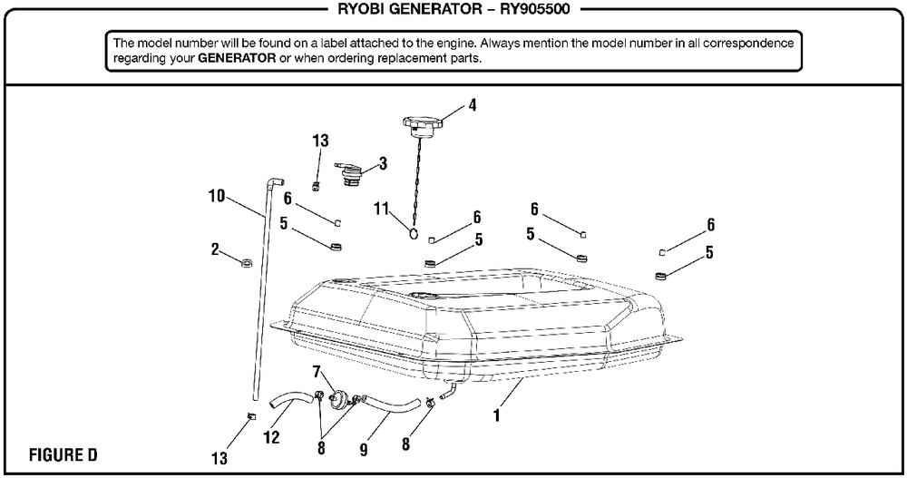 Figure D Diagram and Parts List for RY 905500 (Rev 04)(090930347)(2019-02) Ryobi Generator