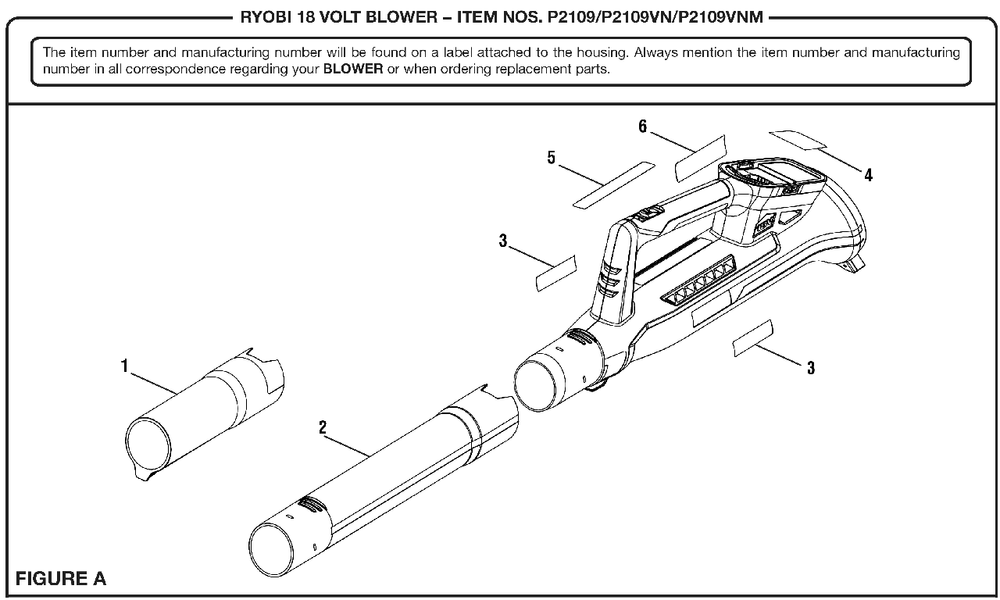 Figure A Diagram and Parts List for P 2109 VN (Rev 02)(107392005)(2019-04) Ryobi Leaf Blower / Vacuum
