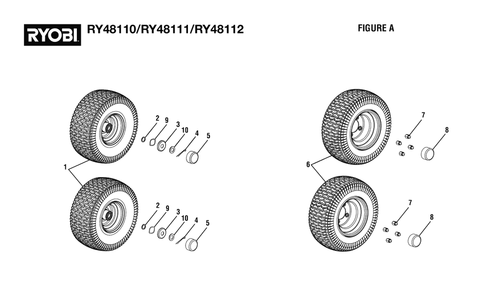 Figure A - Wheels And Hub Caps Diagram and Parts List for RY 48110 (Rev 05)(099749001)(2021-05) Ryobi Lawn Tractor