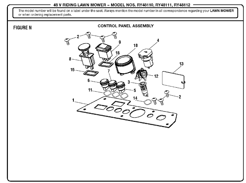 Figure N (Control Panel Assembly) Diagram and Parts List for RY 48112 (Rev 01)(099749011)(2018-02) Ryobi Lawn Tractor