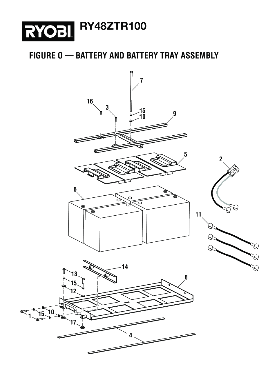 Figure O - Battery And Battery Tray Assembly Diagram and Parts List for RY 48ZTR75 (Rev 03)(099749015)(2021-04) Ryobi Lawn Tractor