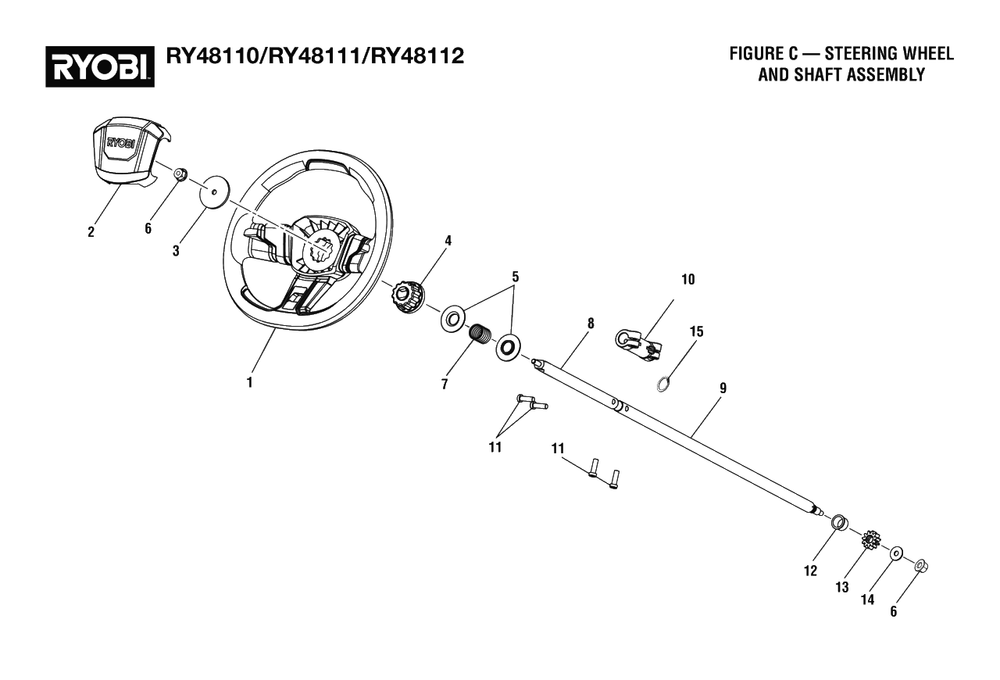 Figure C - Steering Wheel And Shaft Assembly Diagram and Parts List for RY 48111 (Rev 02)(099749010)(2021-05) Ryobi Lawn Tractor