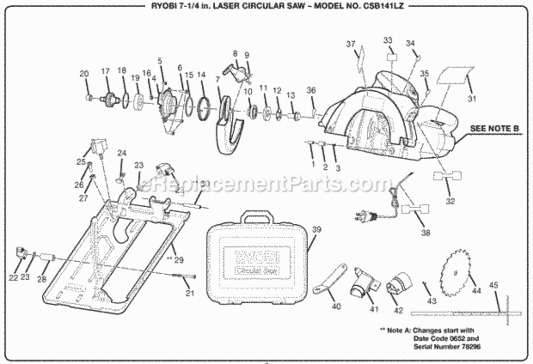 General_Assembly Diagram and Parts List for CSB141LZ  Ryobi Circular Saw