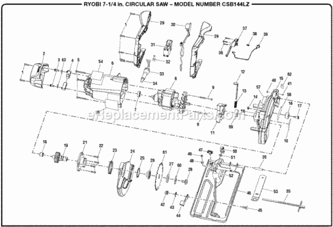 General_Aseembly Diagram and Parts List for CSB144LZ  Ryobi Circular Saw