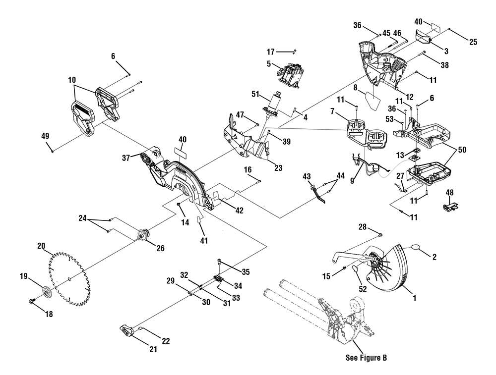 Fig-0 Diagram and Parts List for P3650B  Ryobi Saw