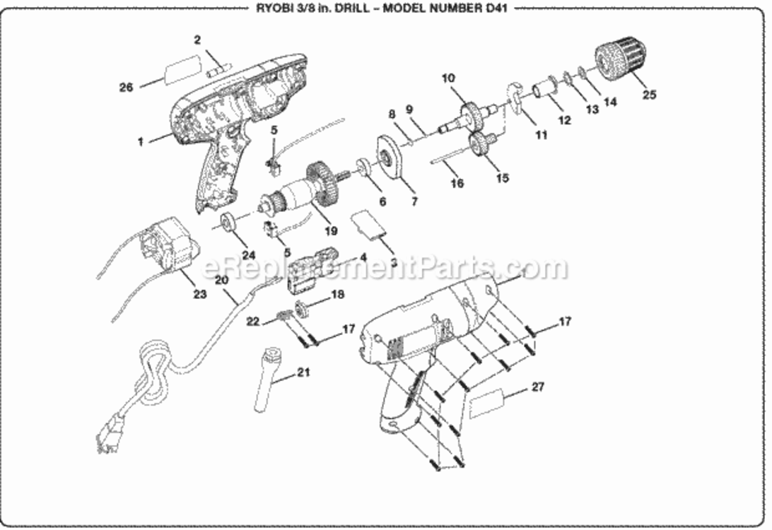 38_In_Drill Diagram and Parts List for D41  Ryobi Electric Drill