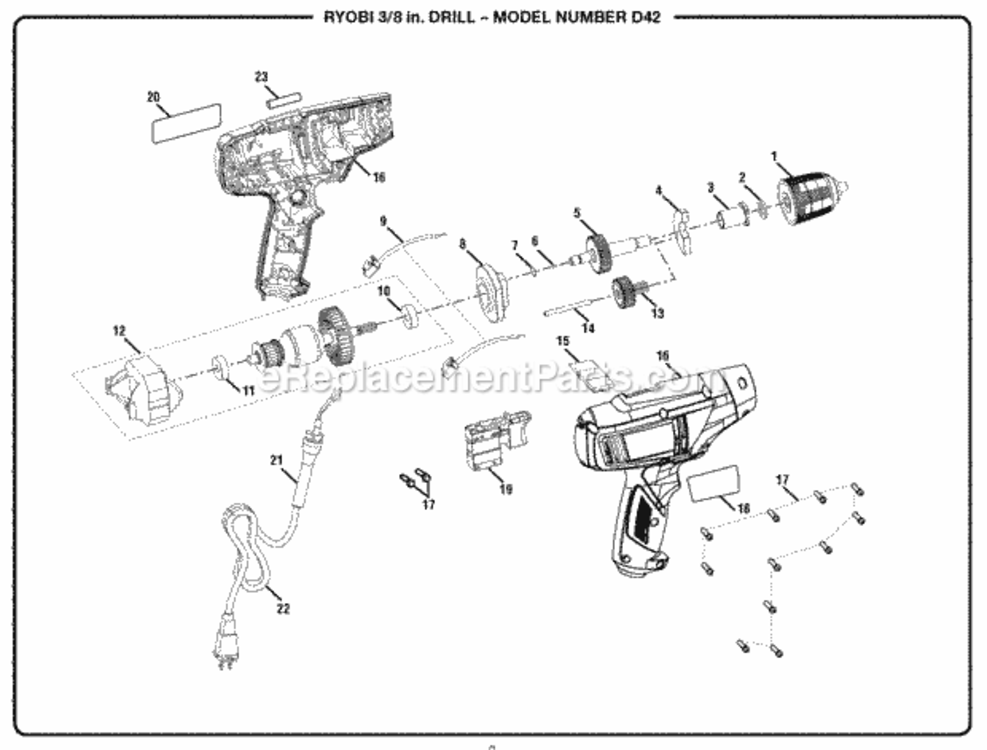 General_Assembly Diagram and Parts List for D42  Ryobi Electric Drill