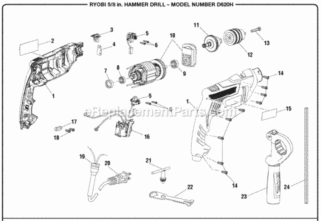 General_Assembly Diagram and Parts List for D620H  Ryobi Electric Drill