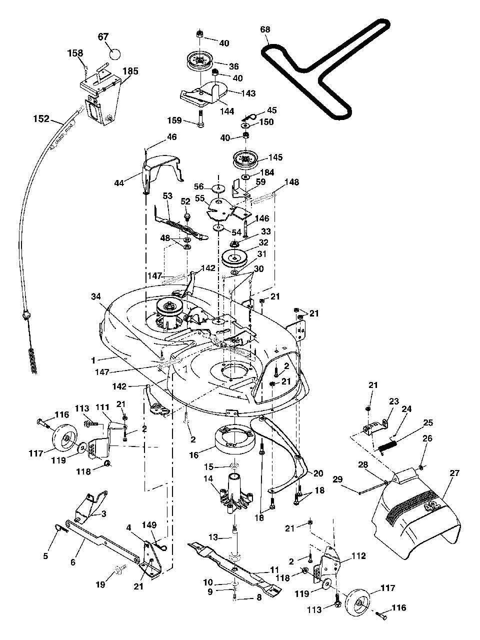 Mower Deck Diagram and Parts List for HDK 19H42 (960160004-01)(2005) Ryobi Lawn Tractor