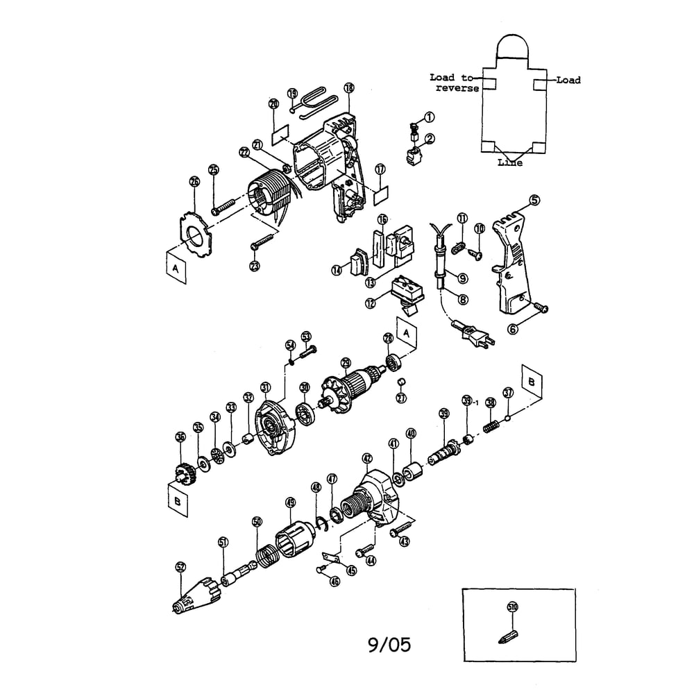 Screw Driver Assembly Diagram and Parts List for E-3800  Ryobi Screwdriver