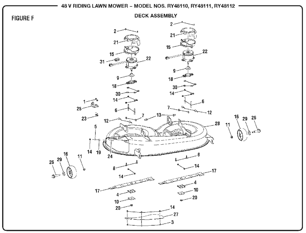 Figure F (Deck Assembly) Diagram and Parts List for RY 48112 (Rev 01)(099749011)(2018-02) Ryobi Lawn Tractor