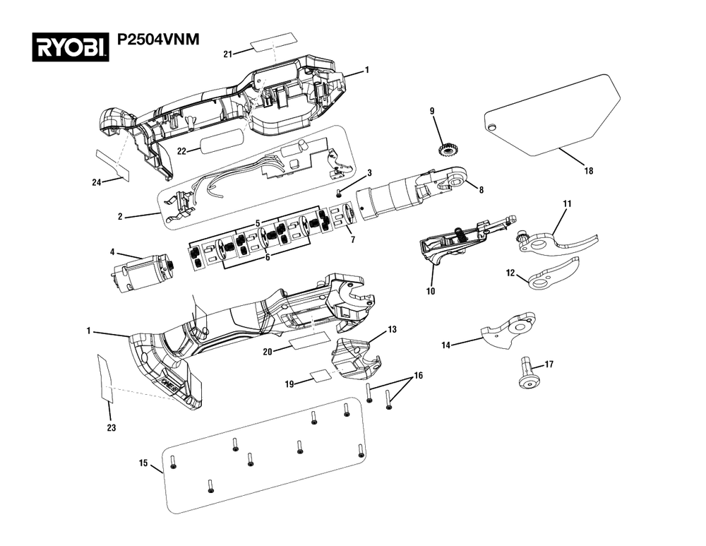 General Assembly Diagram and Parts List for P 2504 VNM (Rev 02)(108241010)(2021-07) Ryobi Hedge Trimmer