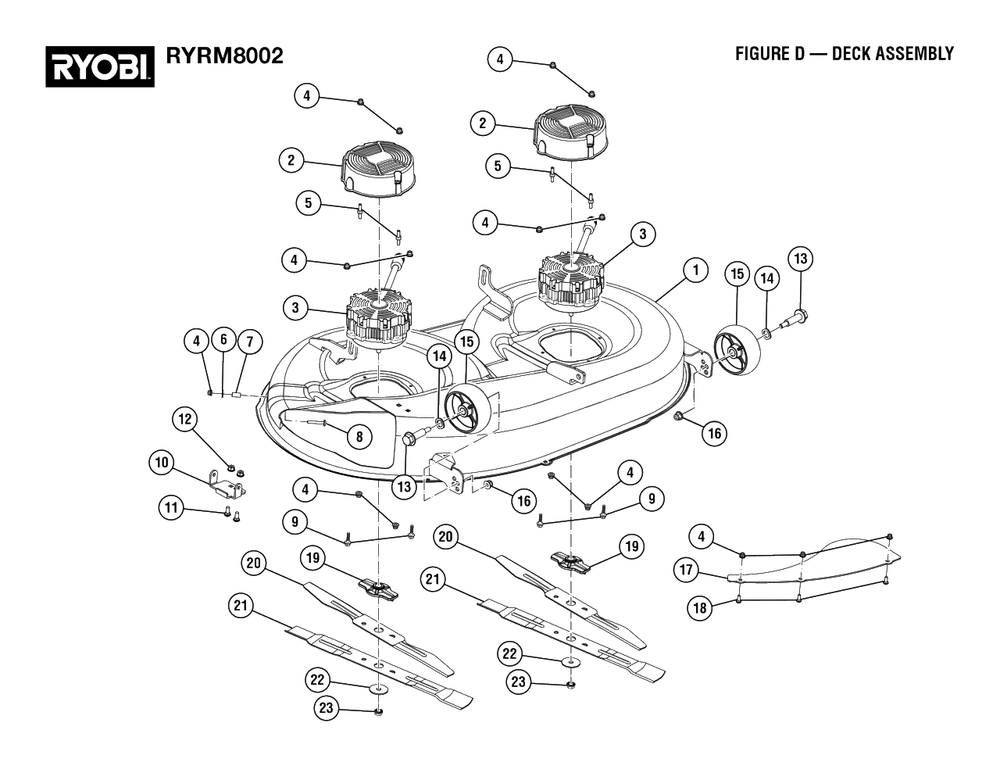Figure D - Deck Assembly Diagram and Parts List for RY RM8002 (Rev 01)(099262002)(2022-08) Ryobi Lawn Tractor