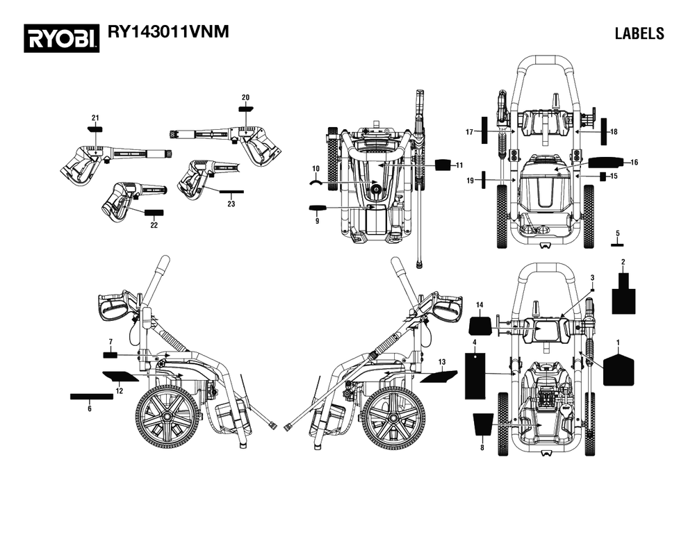 Labels Diagram and Parts List for RY 143011 VNM (Rev 01)(095079816)(2022-07) Ryobi Pressure Washer