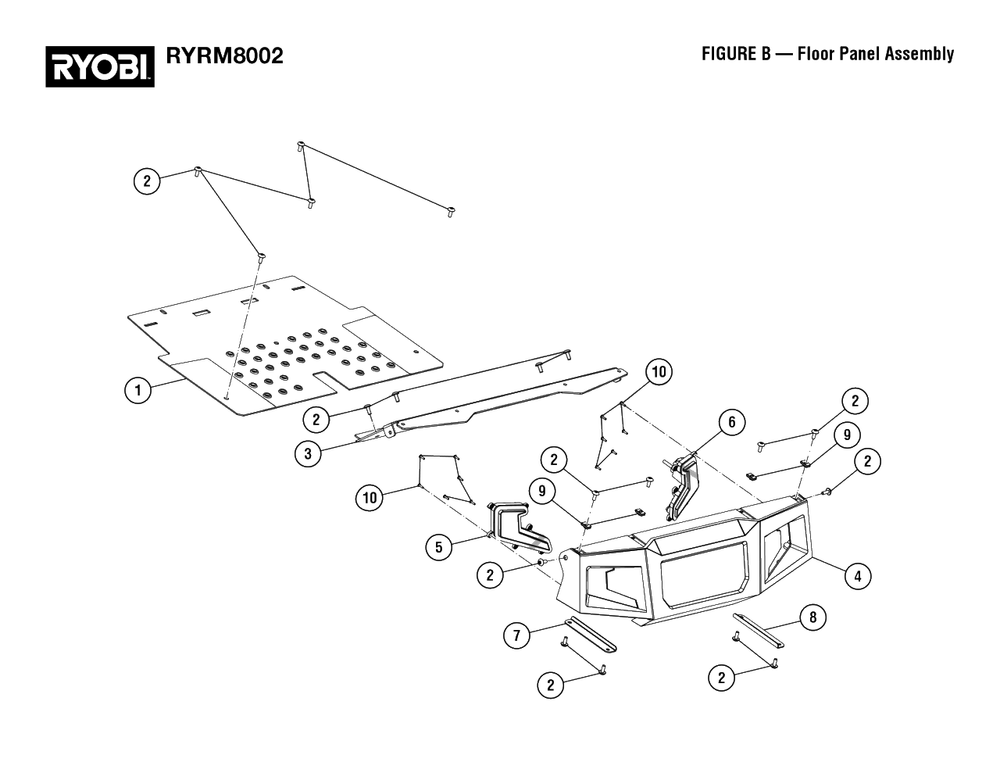 Figure B - Floor Panel Assembly Diagram and Parts List for RY RM8002 (Rev 01)(099262002)(2022-08) Ryobi Lawn Tractor