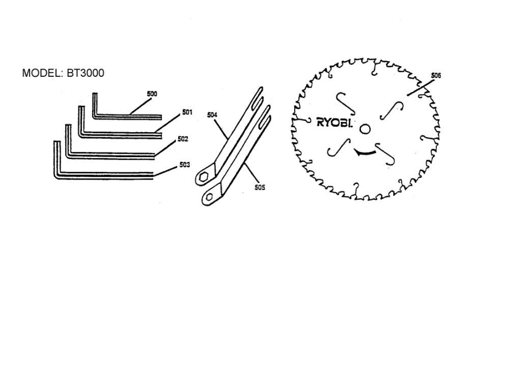 Replacement Parts Diagram and Parts List for BT3000SXI  Ryobi Table Saw