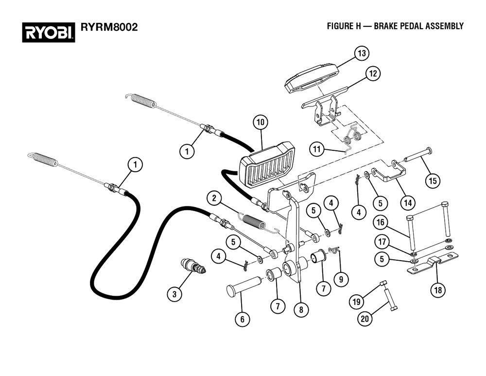Figure H - Brake Pedal Assembly Diagram and Parts List for RY RM8002 (Rev 01)(099262002)(2022-08) Ryobi Lawn Tractor