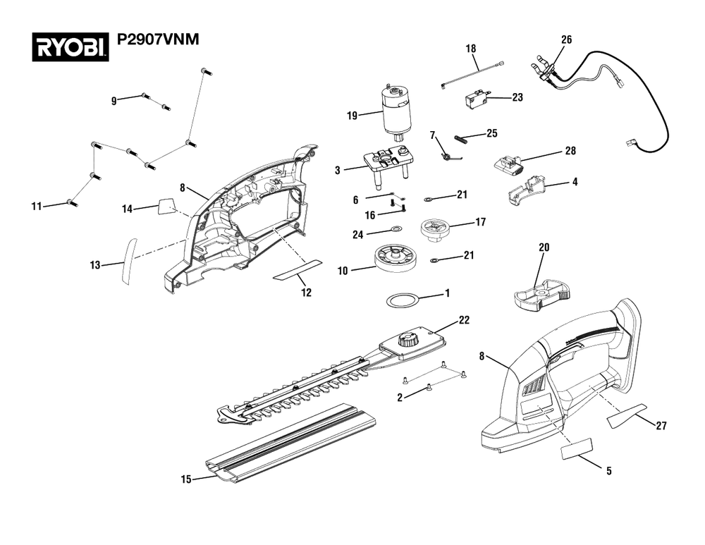 General Assembly Diagram and Parts List for P 2907 VNM (Rev 03)(108641001)(2022-02) Ryobi Hedge Trimmer