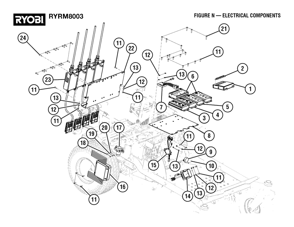 Figure N - Electrical Components Diagram and Parts List for RY RM8003 (Rev 01)(099263002)(2022-08) Ryobi Lawn Tractor