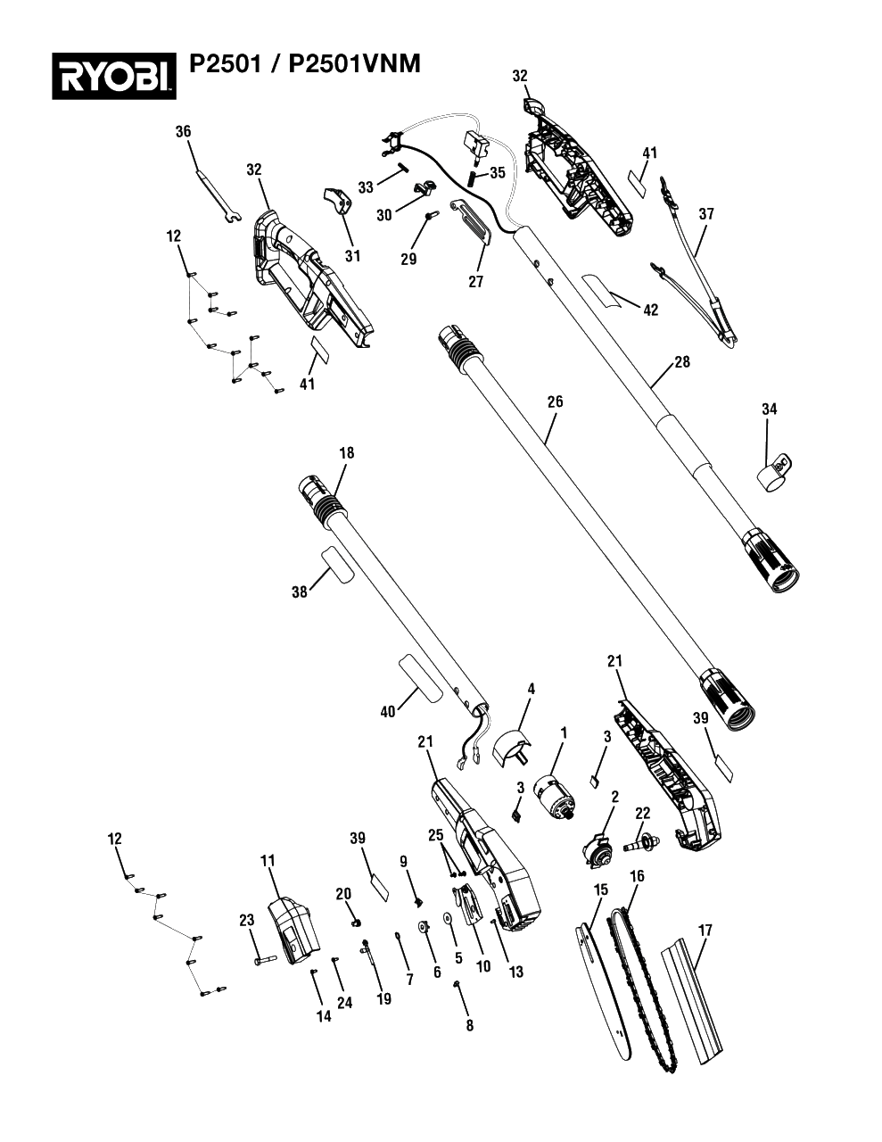 General Assembly Diagram and Parts List for P 2501 VNM (Rev 03)(107581101)(2022-11) Ryobi Pole Saw