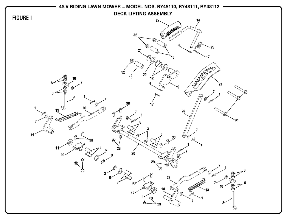 Figure I (Deck Lifting Assembly) Diagram and Parts List for RY 48112 (Rev 01)(099749011)(2018-02) Ryobi Lawn Tractor