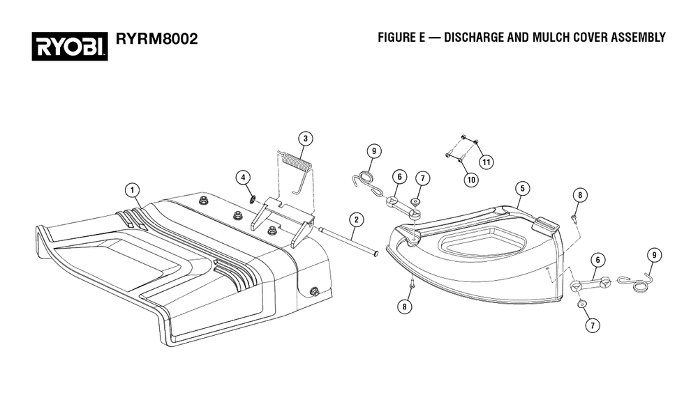 Figure E - Discharge And Mulch Cover Assembly Diagram and Parts List for RY RM8002 (Rev 01)(099262002)(2022-08) Ryobi Lawn Tractor