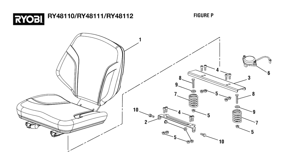 Figure P - Seat And Seat Springs Diagram and Parts List for RY 48110 (Rev 05)(099749001)(2021-05) Ryobi Lawn Tractor