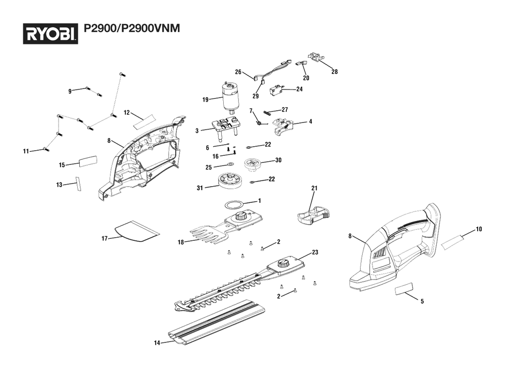 General Assembly Diagram and Parts List for P 2900 (Rev 04)(107269001)(2021-06) Ryobi Hedge Trimmer
