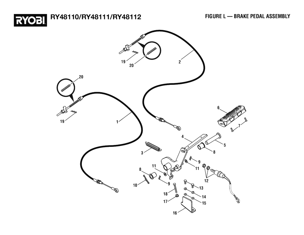 Figure L - Brake Pedal Assembly Diagram and Parts List for RY 48111 (Rev 02)(099749010)(2021-05) Ryobi Lawn Tractor