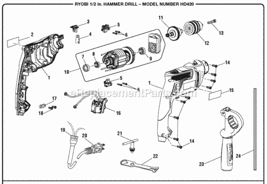 General_Assembly Diagram and Parts List for HD420  Ryobi Electric Drill