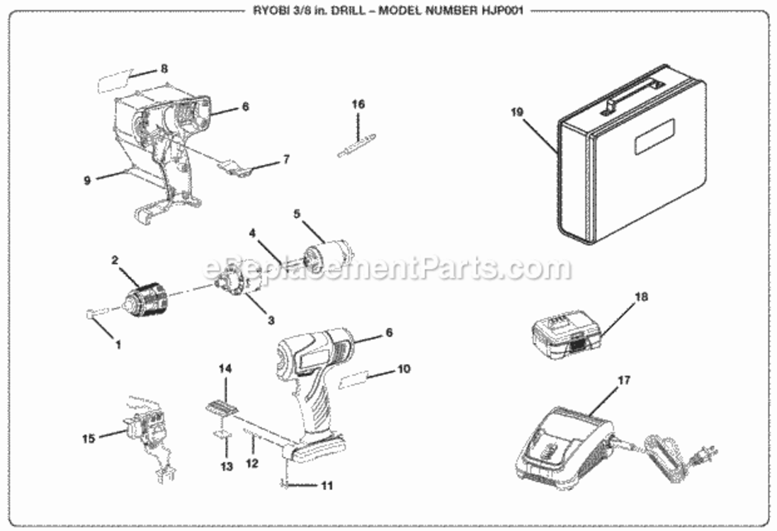 General_Assembly Diagram and Parts List for HJP001  Ryobi Cordless Drill