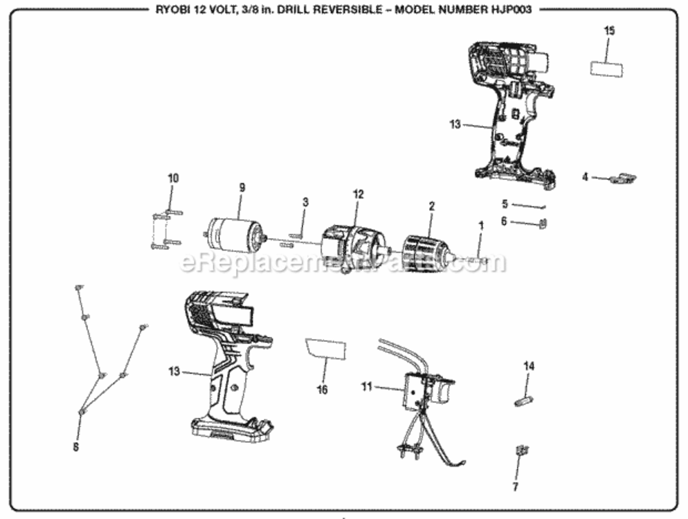 General_Assembly Diagram and Parts List for HJP003  Ryobi Cordless Drill