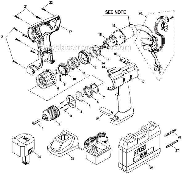 Page A Diagram and Parts List for HP1201M  Ryobi Cordless Drill