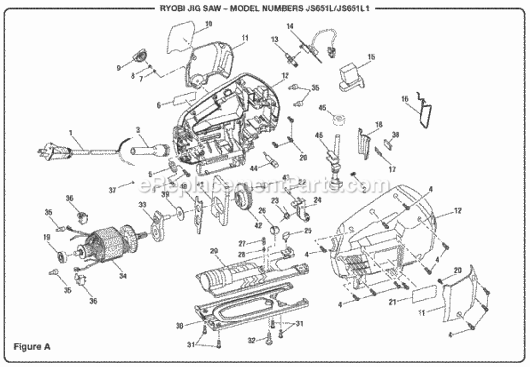 General_Assembly Diagram and Parts List for JS651L1  Ryobi Jig Saw