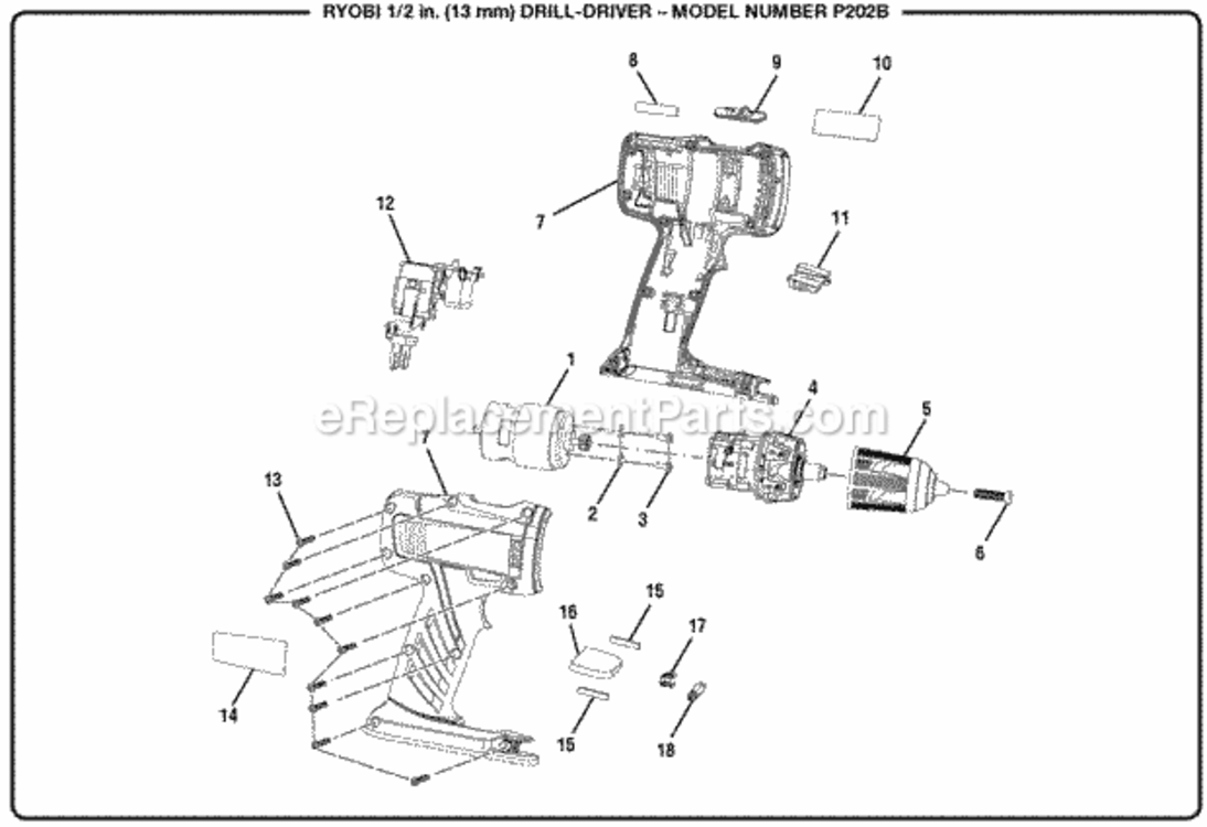 General_Assembly Diagram and Parts List for P202B  Ryobi Cordless Drill