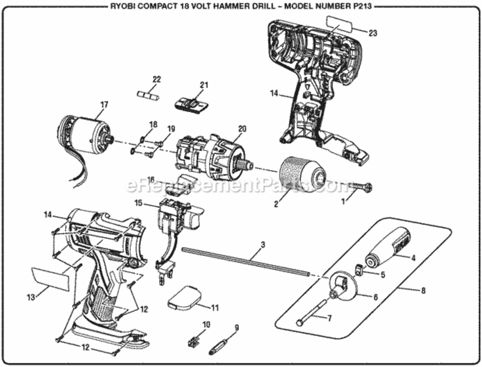 General_Assembly Diagram and Parts List for P213  Ryobi Cordless Drill