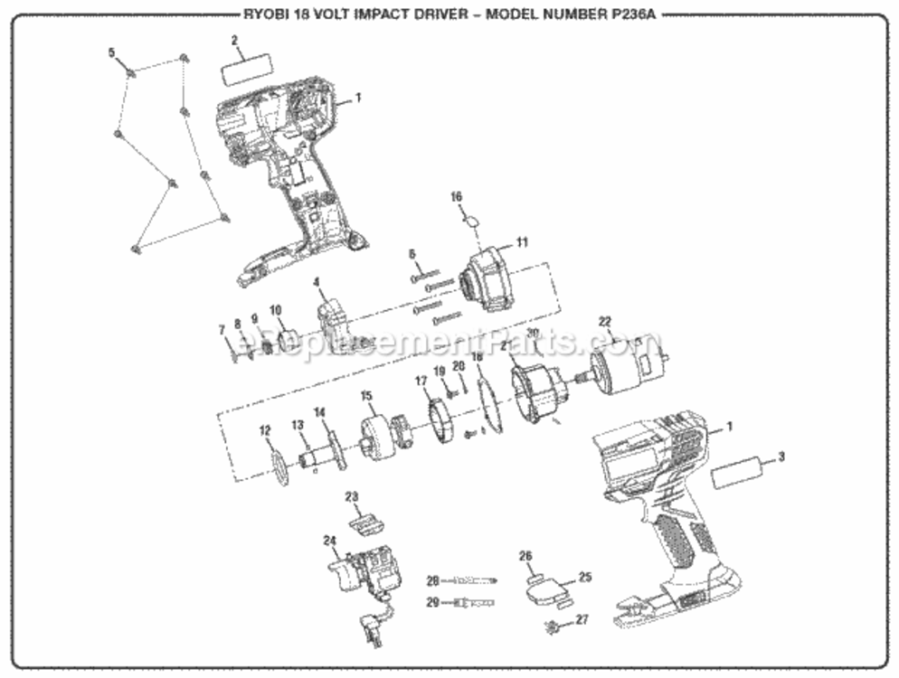 General_Assembly Diagram and Parts List for P236A  Ryobi Impact Driver