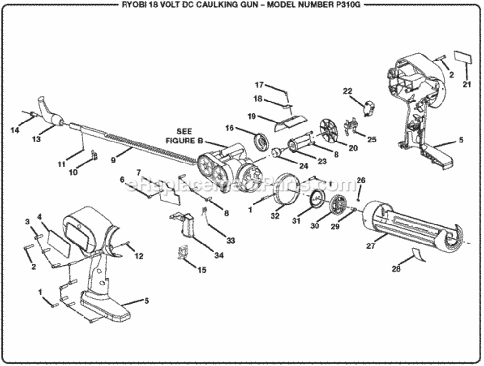 General_Assembly Diagram and Parts List for P310G  Ryobi Caulking Gun