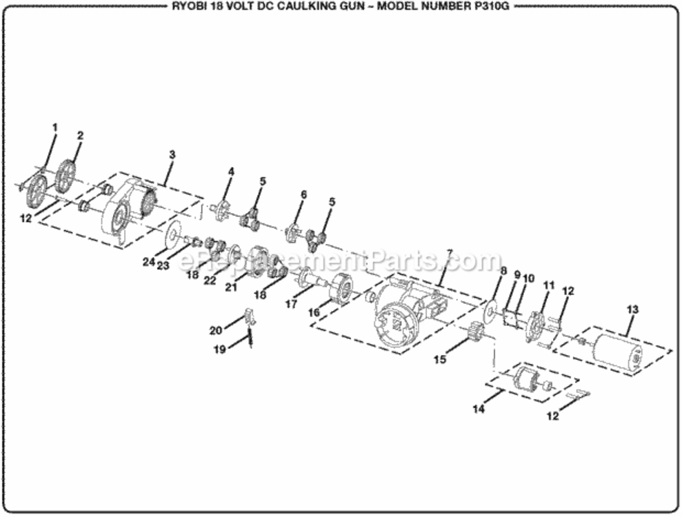 General_Assembly_(Part_1) Diagram and Parts List for P310G  Ryobi Caulking Gun
