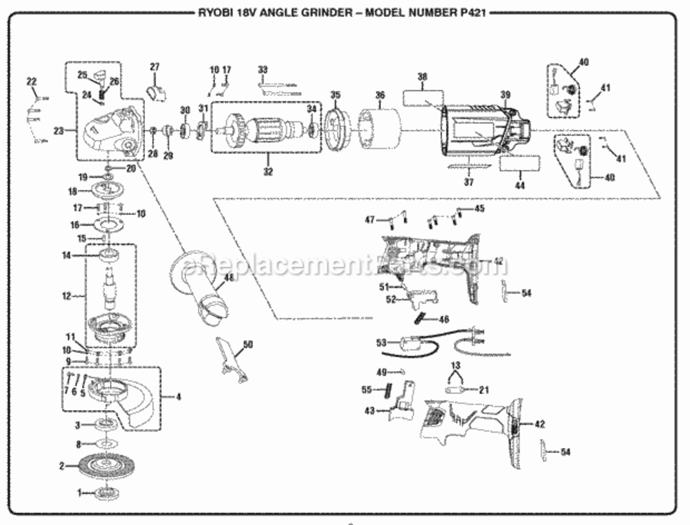General_Assembly Diagram and Parts List for P421  Ryobi Angle Grinder