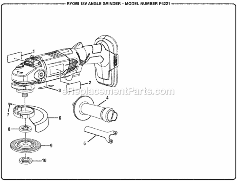 General_Assembly Diagram and Parts List for P4221  Ryobi Angle Grinder
