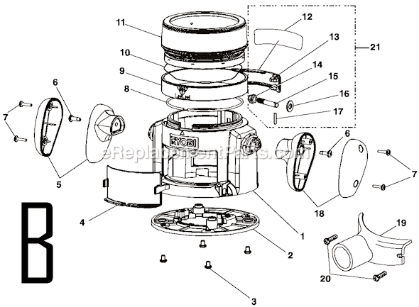 Page B Diagram and Parts List for RE1803BK  Ryobi Router