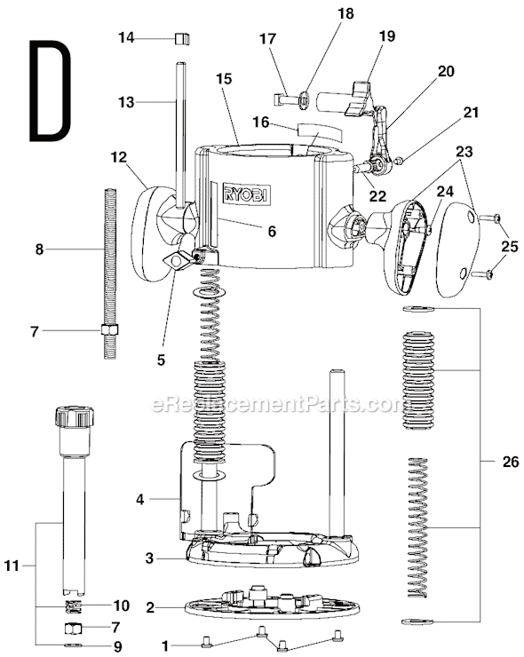Page D Diagram and Parts List for RE1803BK  Ryobi Router