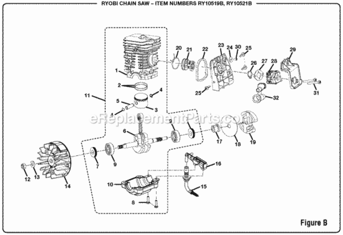 Figure_B Diagram and Parts List for RY10521B  Ryobi Chainsaw