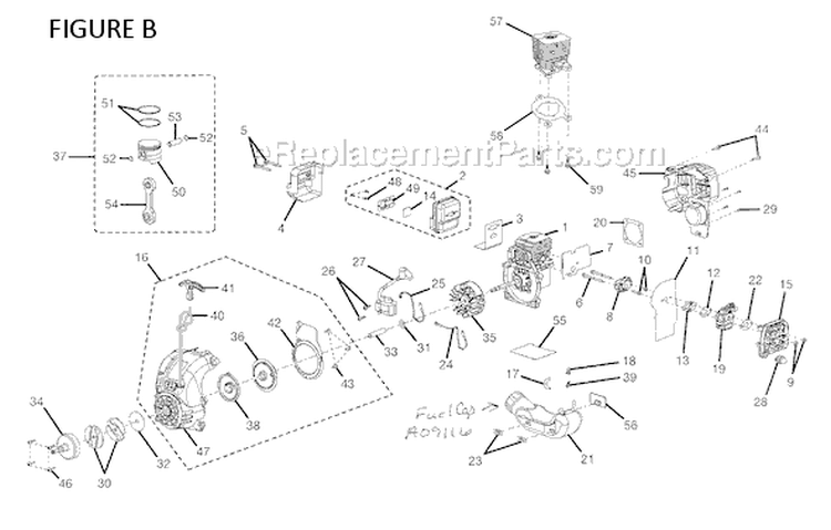 Engine Assembly Diagram and Parts List for RY30020A  Ryobi Trimmer